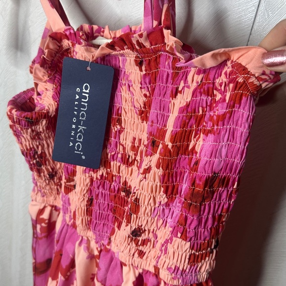 🔥🆕 ANNA-KACI CALIFORNIA Floral Tie-Shoulder Frill Trim Smocked Dress medium - Picture 13 of 13
